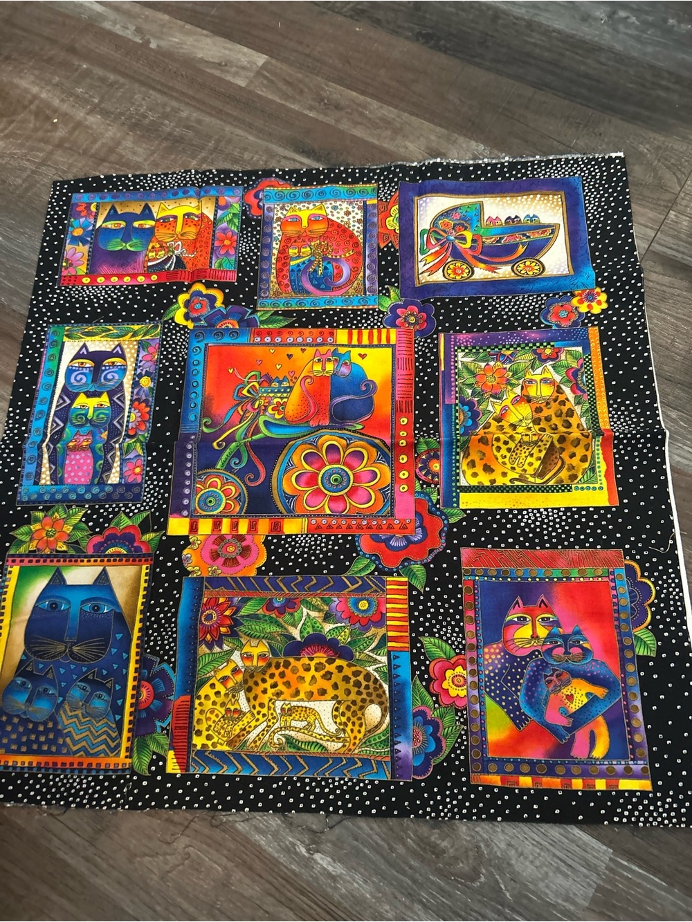 `07 Fanciful Felines Laurel Burch Black Brights Metallic Panel CATS 23x46